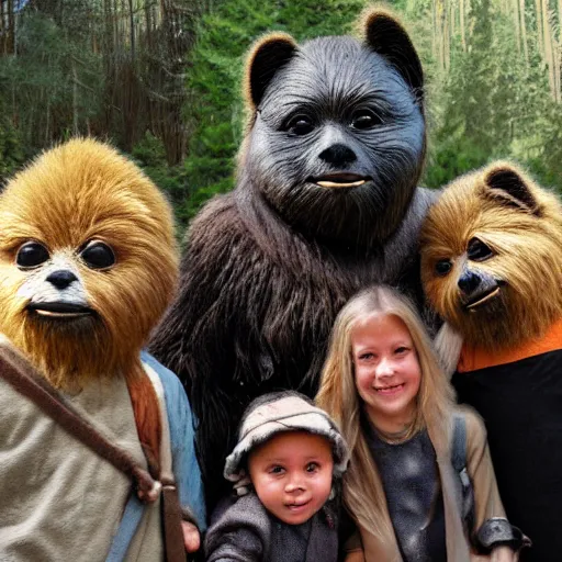 Prompt: Ewok family taking selfie at the gates of Mordor