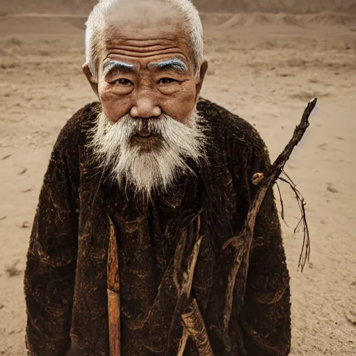 Image similar to floating old asian man with beard, his head covered in jewels, full face occult silver mask, glowing eyes, wearing a large carved wooden stick, smoke around him, in the dry rock desert, cinematic shot, wide angle, desert background, award winning photography, 8k, in the style of David Lynch, Alejandro Jodorowsky and Gaspar Noe