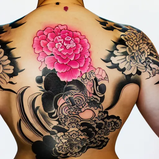 Image similar to photography of the back of a woman with a black detailed irezumi tatto representing a gold tiger with pink flowers on her entire back, mid-shot, editorial photography