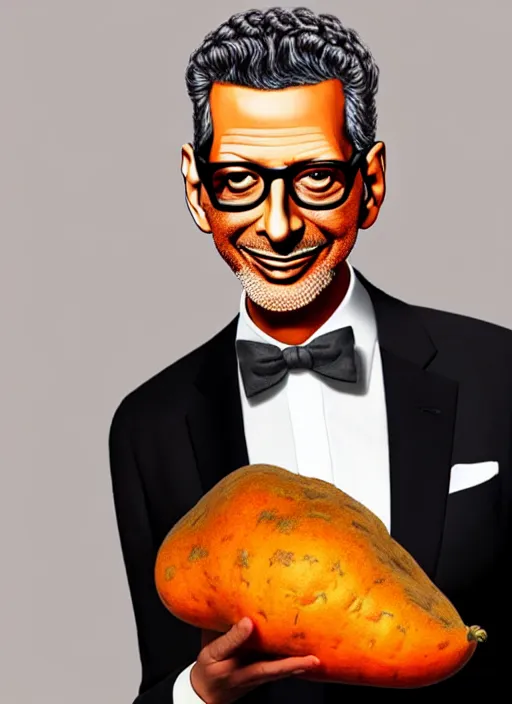 Image similar to jeff goldblum dressed up in a sweet potato