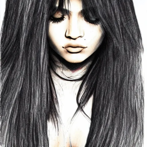 Image similar to grunge drawing of kylie jenner in the style of the grudge