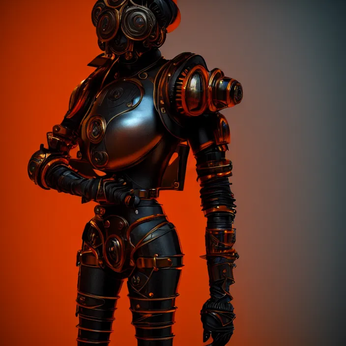 Image similar to a character in a futuristic room, black and orange steampunk armor, highly detailed, render, vray, octane, realistic lighting