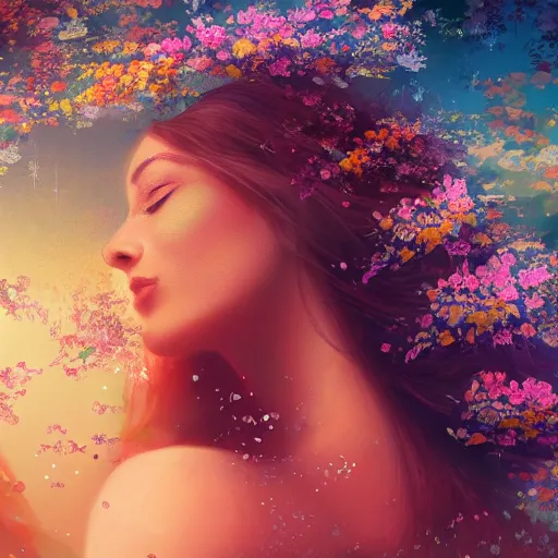 Prompt: summer scene of a spirit of a woman composed by the exquise blossom of flowers, dances in the air majestically, breathtaking, intricate, elegant, beautiful, exotic, fantasy, concept art, digital art, magical scene, cinematic, golden hour, rich moody colors, 8 k, hi - res, uhd