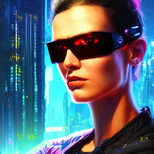 Image similar to epic portrait of cyberpunk Carpenter Charisma wearing mirrorshades, Night City, cyberpunk 2077, neon megacity in the background, angry and bored, illustration, soft lighting, soft details, painting oil on canvas by mark arian by artgerm, trending on artstation, 4k, 8k, HD