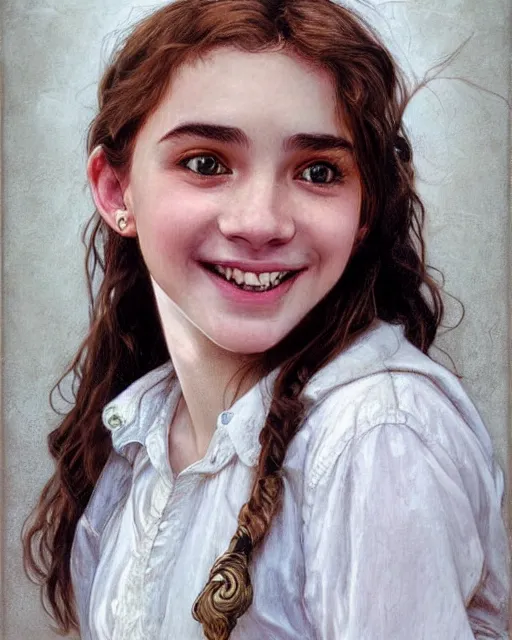 Image similar to close up portrait of 1 5 - year - old girl, smile with large front teeth, hermione granger, very bushy brown hair, and very bright brown eyes, wearing white shirt, hyper realistic face, beautiful eyes, close up, fantasy art, in the style of greg rutkowski, intricate, alphonse mucha, hyper detailed, smooth