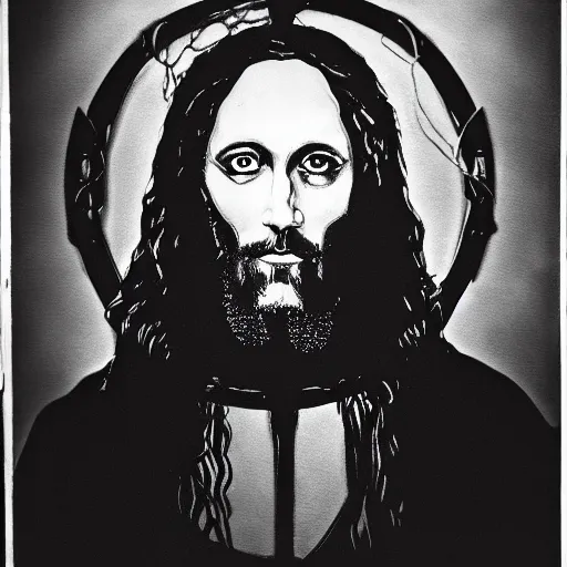 Prompt: studio photo of jesus in a black metal band, studio portrait