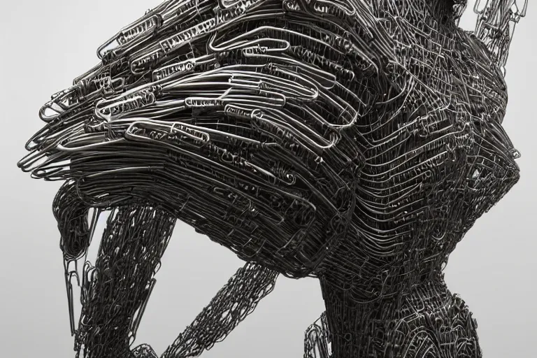 Image similar to an extremely high quality hd, a large metal sculpture of a winged creature, cyberpunk art by peter gric, featured on zbrush central, gothic art, seemingly made of paperclips, apocalypse art, dystopian art, 8 k, ultra realistic, very realistic