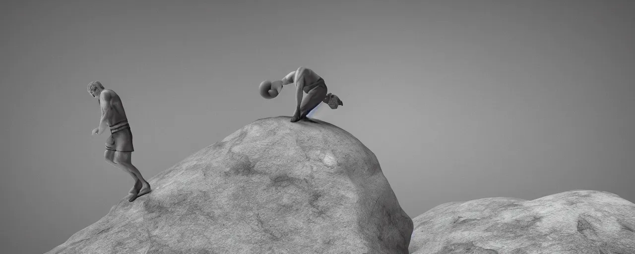 Prompt: Melancholia of Sisyphus rolling a stone up a mountain, photo realistic, 8k, HD, trending on artstation