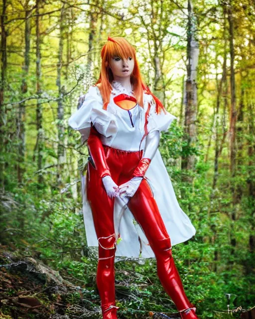 Prompt: beautiful Asuka Langley from evangelion as a real person dressed as a slavic priestess in holy birch forest in spring, 35mm, iPhone photo, HDR, DSLR, cinematic, trending on Instagram, 8k, 4k