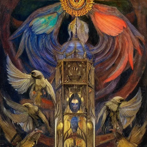 Image similar to war between the crow crown and the house of moths, by Annie Swynnerton and Diego Rivera, symbolist, dramatic lighting, elaborate geometric ornament, god rays, rich colors,smooth, sharp focus, extremely detailed