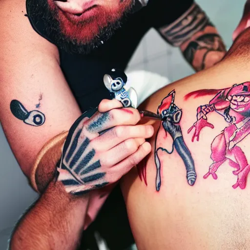 Prompt: Laughing caveman tattooing Crazy Frog on the back of a biker