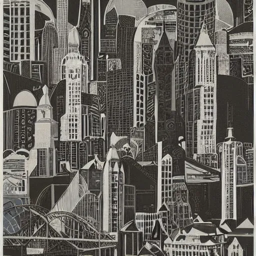 Prompt: by robert stivers, by faith ringgold curvaceous. a beautiful print of a cityscape with tall spires & delicate bridges.