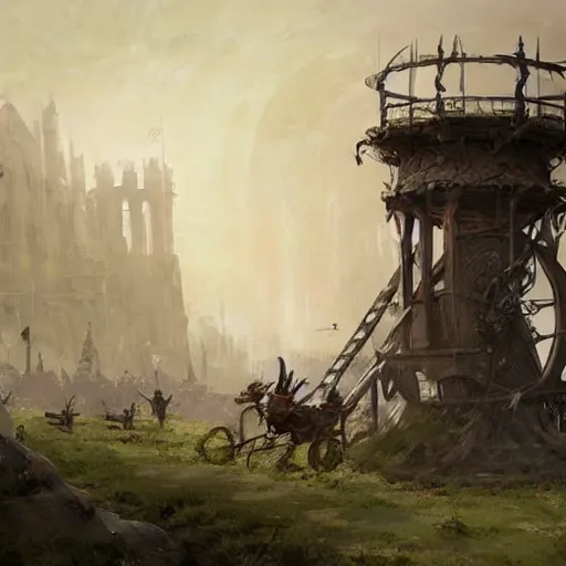 Prompt: a moving siege tower with cart wheels, crossbow on the tower, epic fantasy style art by Craig Mullins, fantasy epic digital art, epic fantasy card game art by Greg Rutkowski