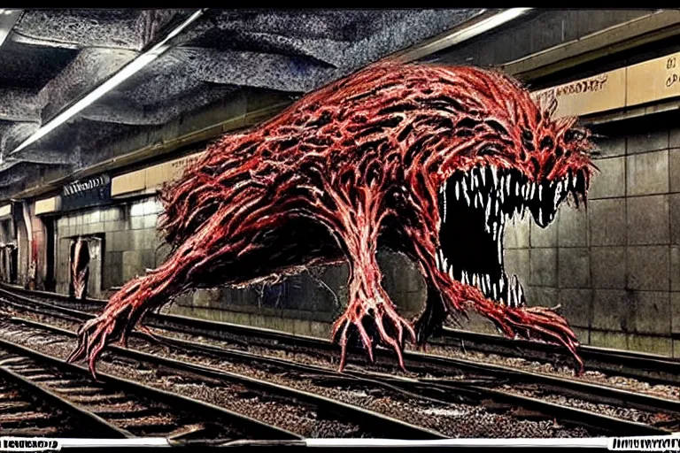 Image similar to very large giant mutant zombie irradiated ( angry rat ) staying on railways in tonnel of moscow subway. tonnel, railways, giant angry rat, furr, fangs, very realistic. extreme long shot, rusty colors, ( herman nitsch, giger ), anish kapoor.