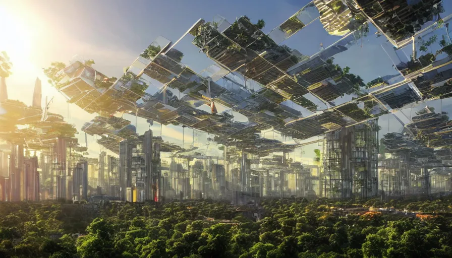 Sunrise over solarpunk city, vines, many trees and, Stable Diffusion