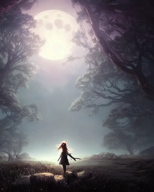 Image similar to girl looks at the space, d & d, fantasy, mist, full moon in background, trees, hyper detailed, art by artgerm and greg rutkowski and magali villeneuve, midium shot, 8 k realistic, cryengine, digital painting, trending on artstation, concept art, sharp focus, illustration,