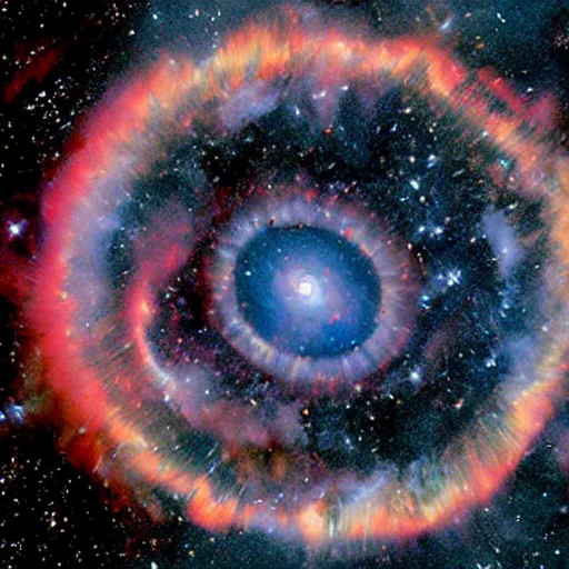 Prompt: Print. NGC7293 Helix Nebula in intrared by VISTA telescope, Chile. by Steve Ditko, by Fintan Magee