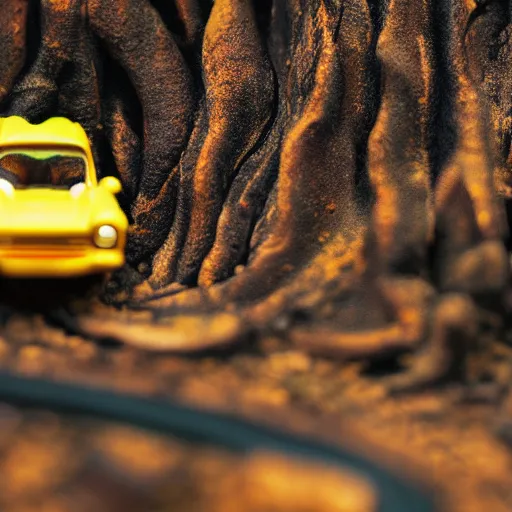 Image similar to macro photography of a toy hot wheels car driving through a forest fire, 3 5 mm