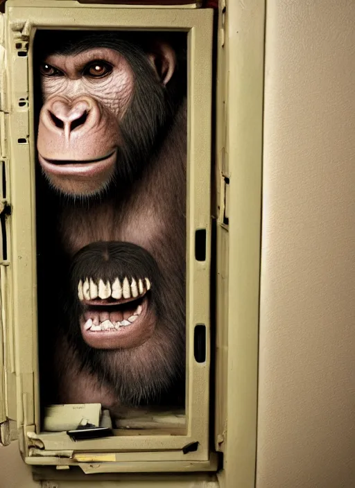 Image similar to scary half human half ape inside fuse box in post communist apartment building