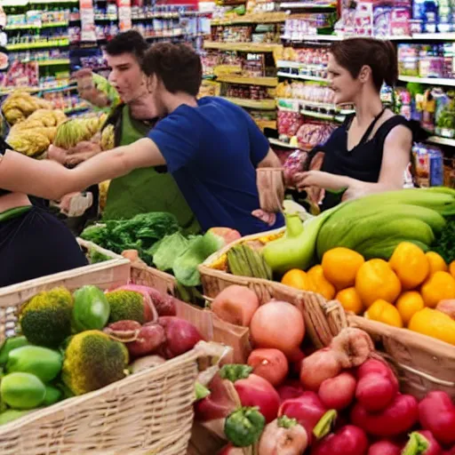 Image similar to people fighting over food in a supermarket realistic