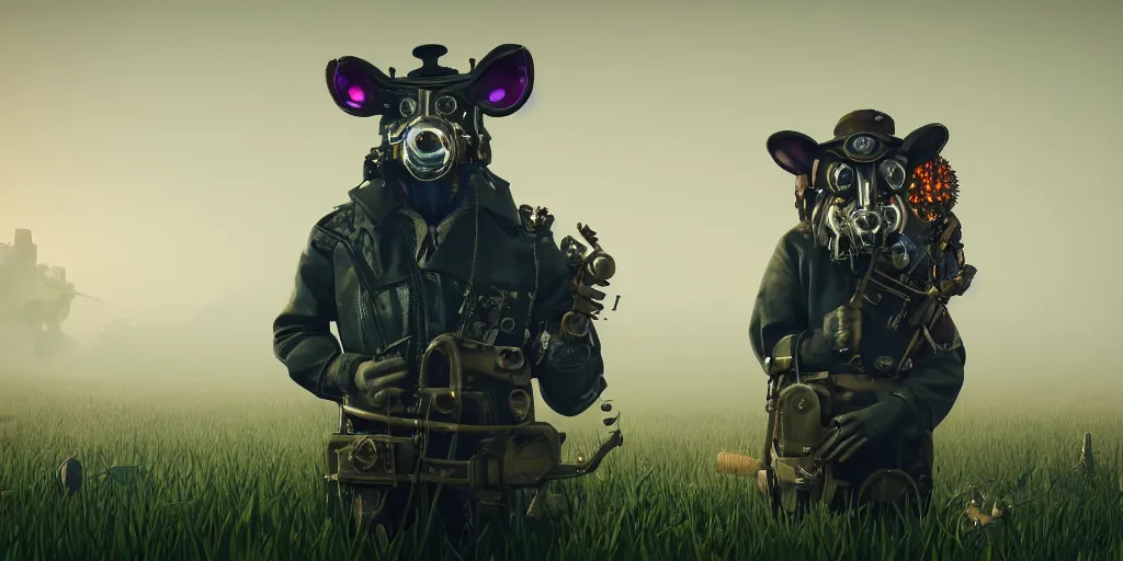 Prompt: gamekeeper wearing a steampunk and neonpunk mechanical fluorescent mystical animal mask in strange misty estuary landscape, night, realism in style of fornite game, 4 k, octane render, award winning photograph, epic cinematic shot, perfectly defined features, ambient occlusion