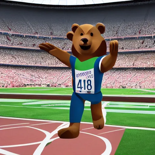 Prompt: A sportsman bear character running on a stadium. Resembling 1980 olympics bear. In the style of Pixar.