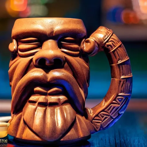 Image similar to a photorealistic photograph of a Trader Vic's tiki mug featuring Snoop Dogg at a tiki bar - Trending on Artstation, featured on Behance, well-rendered, Unreal Engine, 4K HD