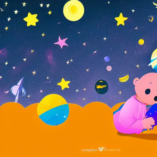 Image similar to lonley and gloomy baby in middle of space surrounded by colorful stars planets and galaxies, grainy design, high quality, 4 k, award winning