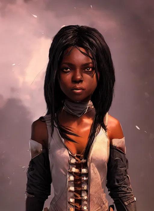 Image similar to An epic fantasy comic book style portrait painting of a short dark skinned girl thief with spidery hair and kind eyes, unreal 5, DAZ, hyperrealistic, octane render, cosplay, RPG portrait, dynamic lighting