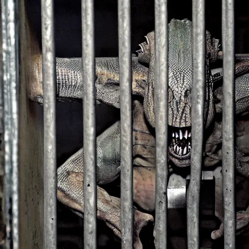 Image similar to humanoid scary lizard man in a prison cell, holding the bars and crying out for help