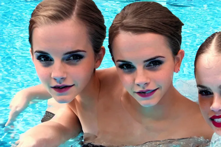 Image similar to emma watson and taylor swift and selena gomez swim together. perfect faces.