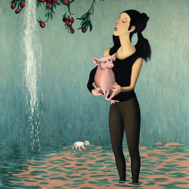 Image similar to tall female emo artist holding a pig in her flooded bathroom, water gushing from ceiling, painting of flood waters inside an artist's bathroom, a river flooding indoors, pomegranates, pigs, ikebana, zen, water, octopus, river, rapids, waterfall, black swans, canoe, berries, acrylic on canvas, surrealist, by magritte and monet