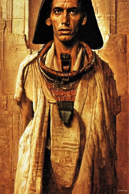 Image similar to a closer personal portrait of man with very piercing eyes, very charismatic. in the old ancient temple of the sphinx. masterpiece, dark. painted by norman rockwell and james gurney