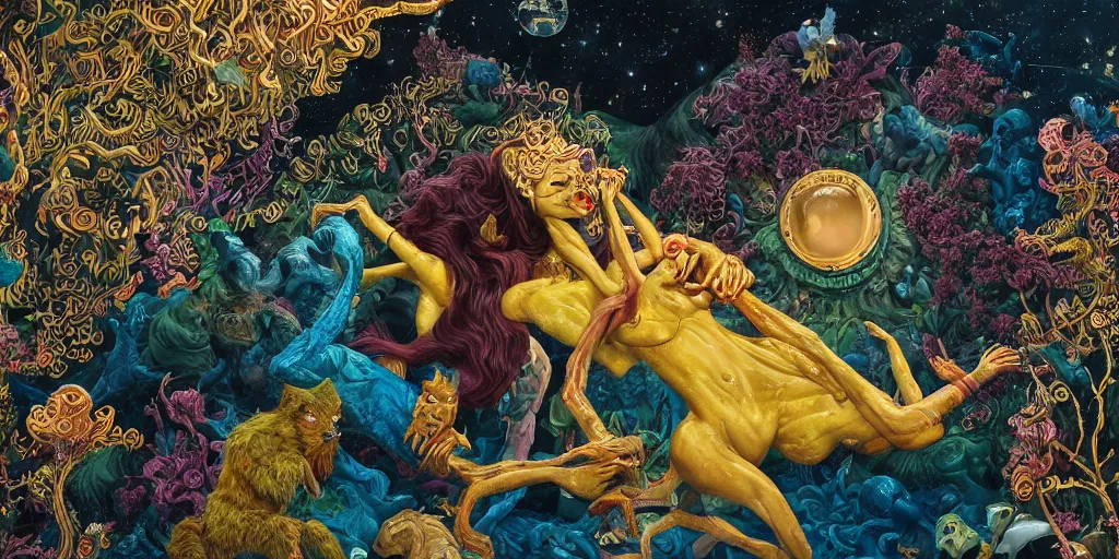 Image similar to a sobbing man and a happy women, furry creatures, highly detailed, cinematic, infographic for imaginary animals, golden hour, backlit by an alien planet, sharp focus, psychedelic LSD manga, abstract oil painting by Raqib Shaw and joseph albers, MC Escher illustration, 8k,by Stanley Artgermm,Tom Bagshaw,Greg Rutkowski,Carne Griffiths, Ayami Kojima, Beksinski, Giger,trending on DeviantArt,hyper detailed,horror, full of colour, golden hour