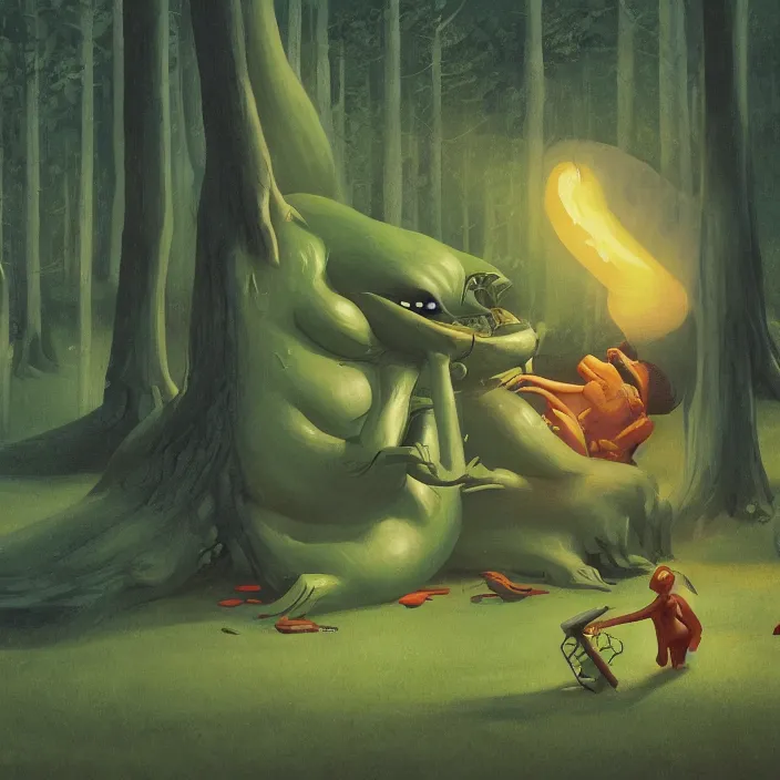 Image similar to fat alien eating slugs in the forest, highly detailed, Edward Hopper and James Gilleard