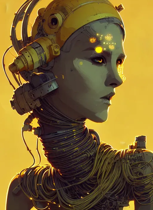 Image similar to highly detailed closeup portrait of wasteland long glowing yellow and white plasma hair tribal lady, stray electric spark wiring by atey ghailan, james gilleard, by joe fenton, by greg rutkowski, by greg tocchini, by kaethe butcher, 4 k resolution, gradient yellow, black and white color scheme!!! ( ( lightning robotic city background ) )