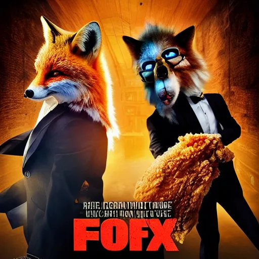 Prompt: hdr quality poster for an action movie fearing cool looking anthropomorphic male foxes in suits stealing fried chicken, promotional media