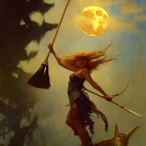 Prompt: witch flying with a broom, trough the night, fantasy, full moon in background. highly detailed painting by gaston bussiere, craig mullins, j. c. leyendecker 8 k