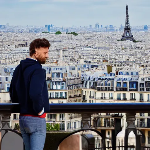 Image similar to Man on balcony looking over Paris with Eiffel Tower in background, 8k, detailed, full of colour, cinematic lighting, cinematic, masterpiece