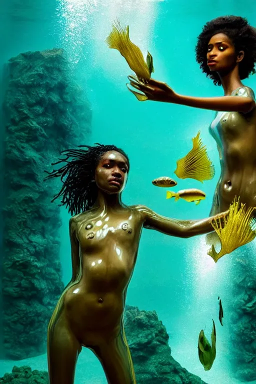 Image similar to hyperrealistic neo - modern cinematic half underwater scene with fish and algae, very expressive! translucent elegant african goddess getting out of water, gold jewerly, highly detailed face, digital art masterpiece, aykut aydogdu zener, dramatic volumetric light, long shot, low angle uhd 8 k, sharp focus