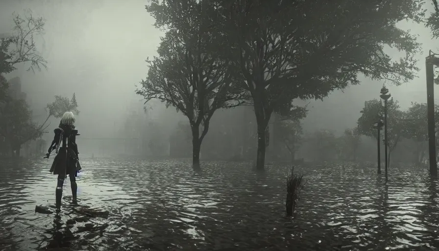 Image similar to nier automata yorha type 2 b walking in post apocalyptic flooded city, rainy melancholy day, dense vegetation, unreal engine, cryengine, epic engine, volumetric lighting, ray tracing, rtx on, exposure, god rays, overcast, ambient lighting, blooming flowers, 3 d render, cinematic, subtle dof