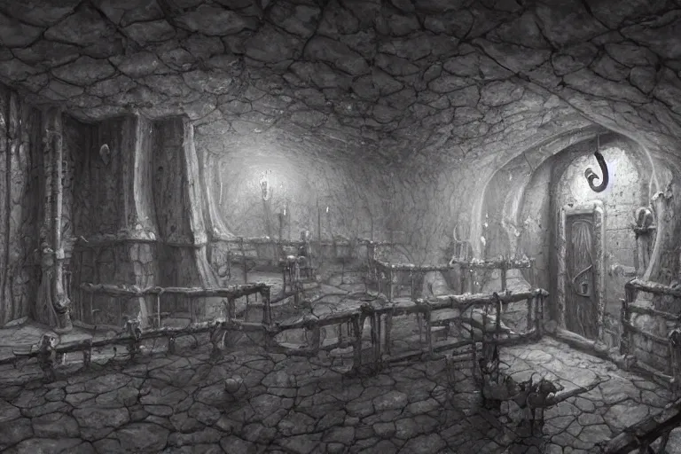 Image similar to black and white point perspective dungeon cozy fantasy dungeon You step into the biological room. The walls and floor are made out of salt that kinda smells like condensation trails. A flexible force of dwarfs guards the room. ,by artgerm and Craig Mullins, James Jean, Andrey Ryabovichev, Mark Simonetti and Peter Morbacher 16k