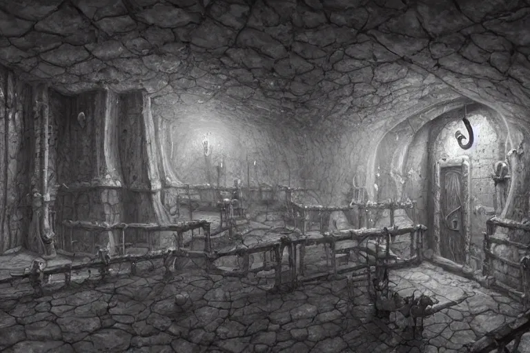 Prompt: black and white point perspective dungeon cozy fantasy dungeon You step into the biological room. The walls and floor are made out of salt that kinda smells like condensation trails. A flexible force of dwarfs guards the room. ,by artgerm and Craig Mullins, James Jean, Andrey Ryabovichev, Mark Simonetti and Peter Morbacher 16k