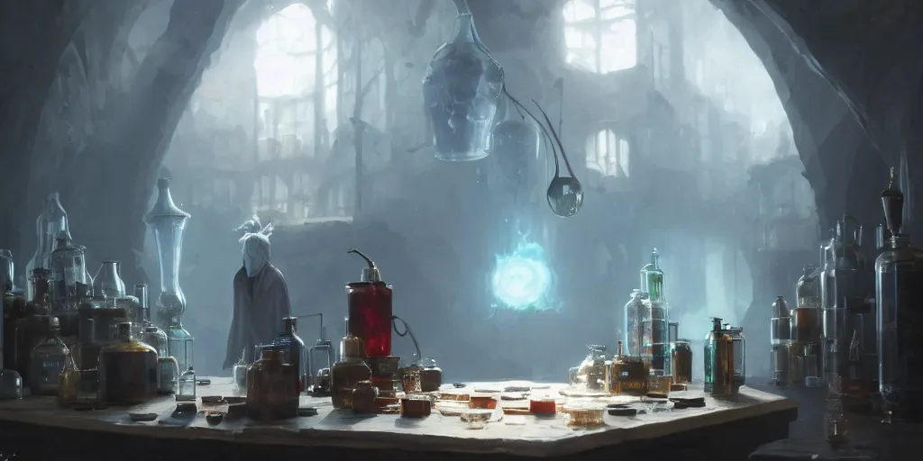 Image similar to An Alchemist inspecting his potions by Greg Rutkowski, 4k photorealistic, volumetric lighting, HD, high details, dramatic, trending on artstation