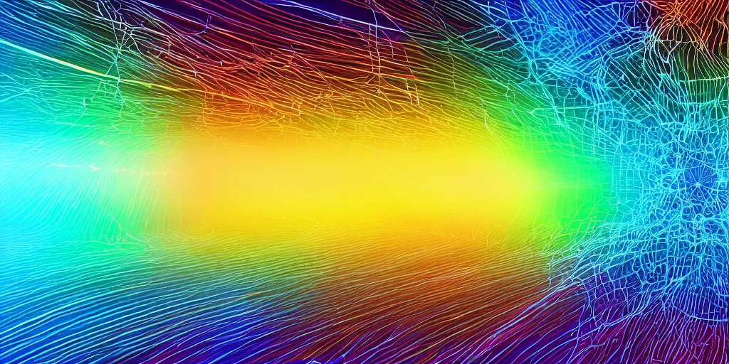 Image similar to A seamless 3D HDRI image of a rainbow colorspace of finely detailed interconnected circuitry like colorful threads showing the thought process of AI, insanely detailed, unreal engine 8K, futuristic