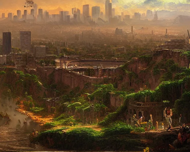 Prompt: a highly detailed painting of a post apocalyptic downtown la in the style of thomas cole