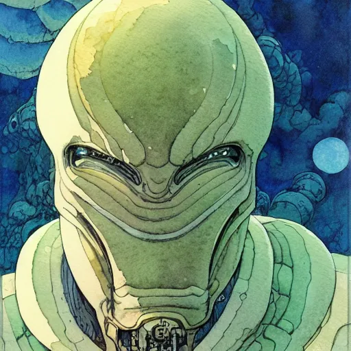 Image similar to a simple and atmospheric watercolour portrait of a pulp sci - fi alien god, very muted colors, by rebecca guay, michael kaluta, charles vess and jean moebius giraud