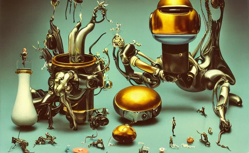 Image similar to strange seductive futuristic robot body, enticing colorful oil painting dutch golden age vanitas still life sparse composition with bulbous objects strange gooey transparent surfaces shiny metal reflections bizarre mutant meat insects rachel ruysch dali todd schorr very detailed perfect composition rule of thirds masterpiece canon 5 0 mm, cinematic lighting, photography, retro, film, kodachrome