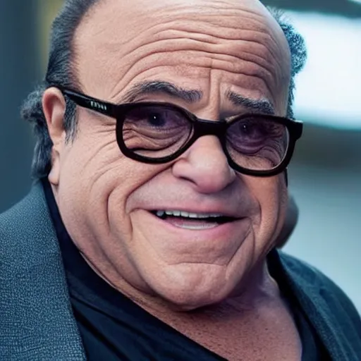 Prompt: film still of Danny Devito wearing his glasses as Thanos in Avengers Infinity War