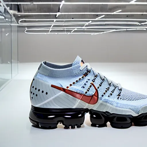 Prompt: a Nike vapormax shoe Made out of white plastic panels with rivets and joints like a cyborg mecha with spring suspension coils under sole designed by Vitaly Bulgarov. Inside a gallery. Doug Aitken style installation